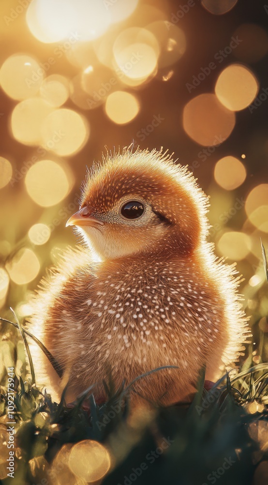 Poster a fluffy chick basking in warm sunlight with a bokeh background.