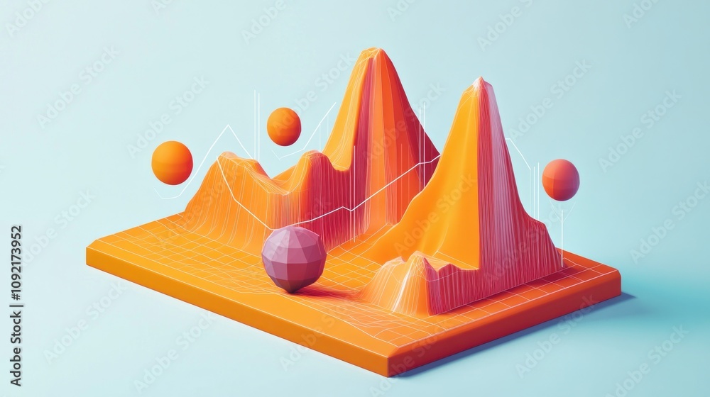 Aufkleber 3d abstract representation of data with peaks, spheres, and a grid background.