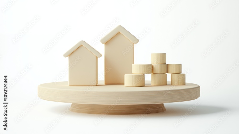 Aufkleber minimalistic wooden houses and blocks on a circular platform.