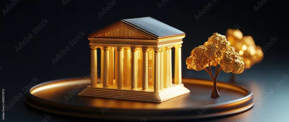 Poster a golden architectural model resembling a classical temple with decorative trees.