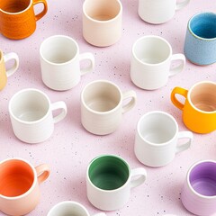 2409_147.An assortment of whole, uncropped handcrafted ceramic mugs on  speckled clay background, view from above, showcasing diverse varieties, arranged with space around each handcrafted ceramic
