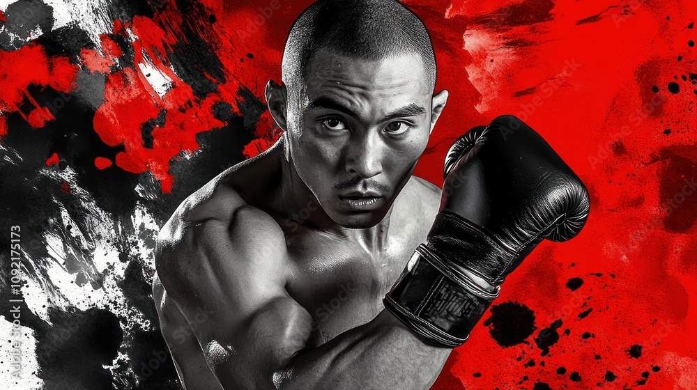 Poster a muscular fighter poses with a boxing glove against a dynamic red and black background.