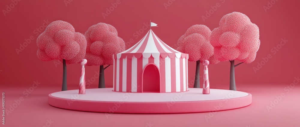 Poster a whimsical circus scene with a striped tent and stylized trees in a pink environment.