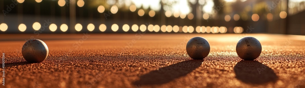 Poster three metallic balls on a sandy surface, with a blurred background of lights.