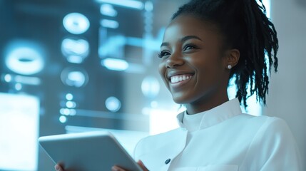 Black woman with tablet, smile and dashboard overlay for erp data innovation, research and programming in future technology. Futuristic analytics, IT management and startup business website software.