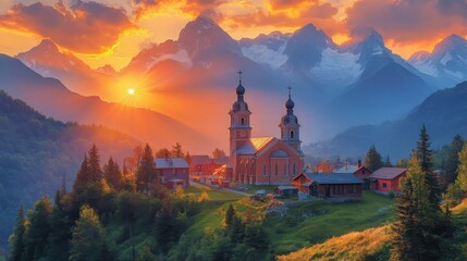 Naklejka premium A picturesque sunset over mountains with a church and village nestled in a lush valley.