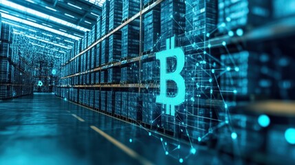 Blockchain in Supply Chain Management: A high-definition, photorealistic image of a warehouse with a digital overlay of a blockchain network tracking the movement of goods