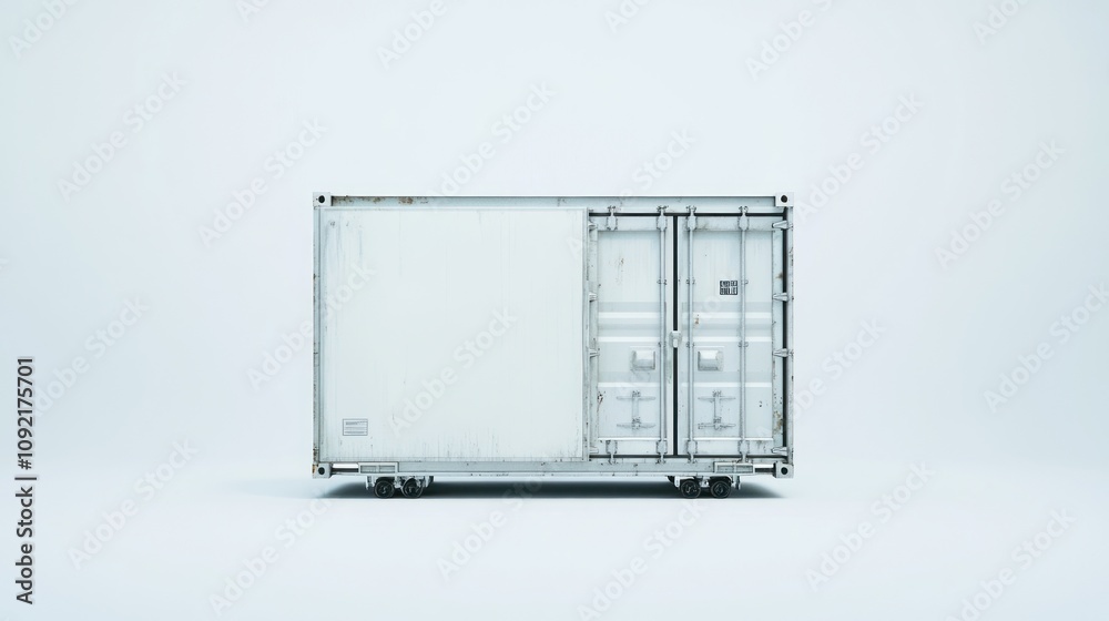 Poster a weathered shipping container on a minimalist background, suggesting storage or transport use.