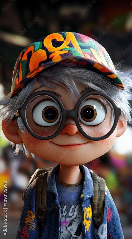 Poster A cheerful animated character with glasses and a colorful cap, smiling warmly at the viewer.