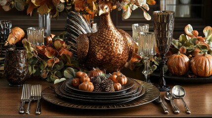 Thanksgiving table set with autumn decor and a golden turkey