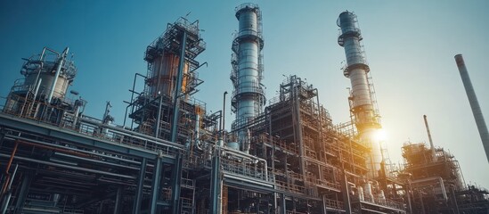 Fototapeta premium Low angle view of an industrial complex with tall, cylindrical structures and pipes against a bright blue sky.