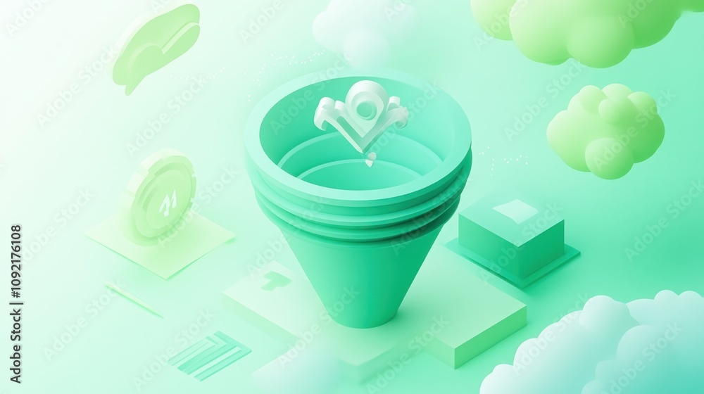 Poster A stylized funnel surrounded by clouds and icons, representing data flow or marketing concepts.