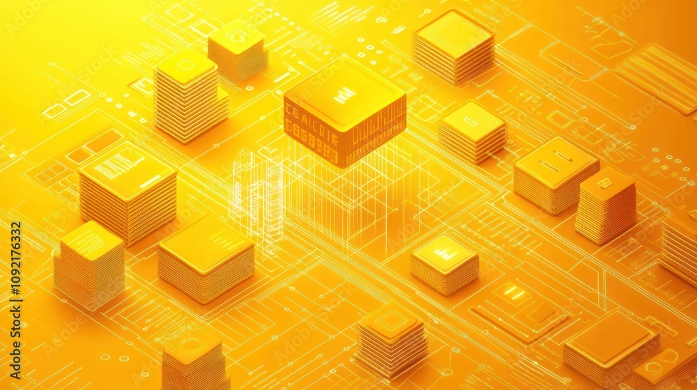 Poster abstract digital illustration of interconnected microchips and circuit patterns in gold tones.