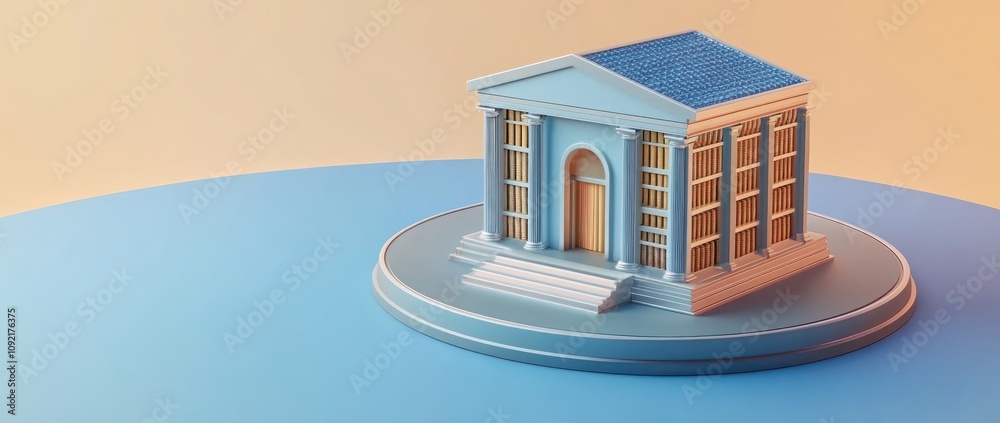Aufkleber A stylized model of a classical building on a circular pedestal against a gradient background.