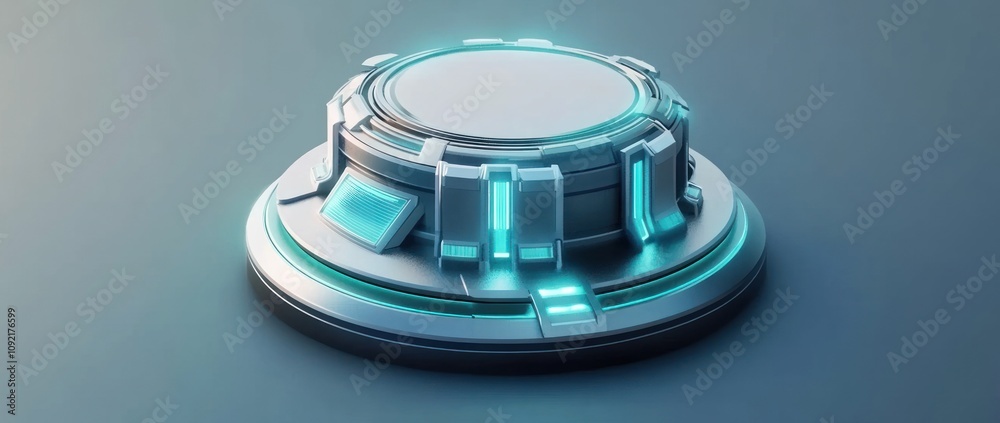 Poster a futuristic, circular platform with glowing accents, possibly for display or technology use.