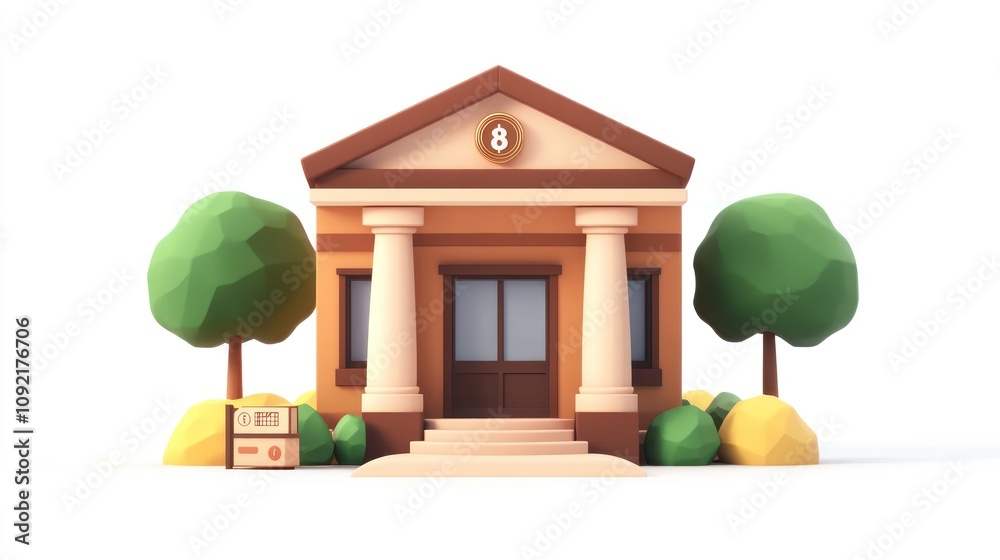 Poster a stylized building with columns, steps, and trees, resembling a community or public space.