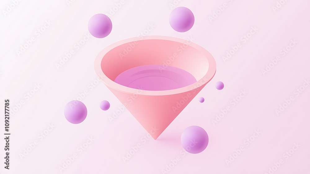 Poster a stylized pink funnel with purple spheres, representing fluid dynamics or design concepts.