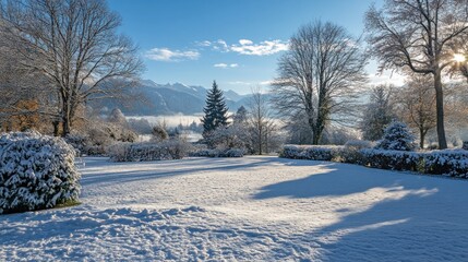 Obraz premium A snowy landscape with trees, mountains in the distance, and a clear blue sky.