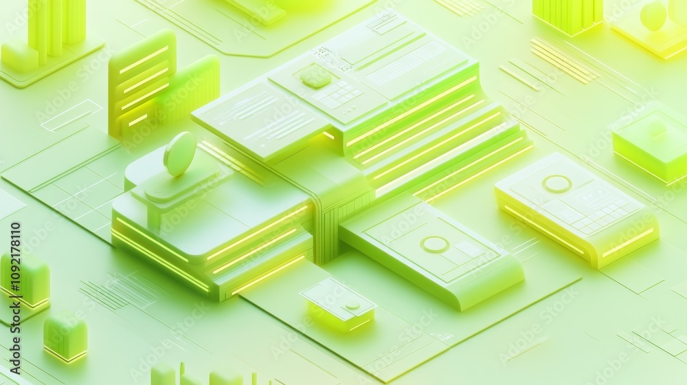 Poster abstract green digital landscape with geometric shapes and structures.