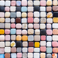 Fototapeta premium 2409_121.An assortment of whole, uncropped vibrant mosaic tiles on deep navy background, view from above, showcasing diverse varieties, arranged with space around each vibrant mosaic tiles,