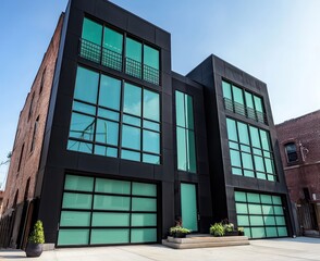 Minimalist black steel townhouse in Chicago with mint green window accents.