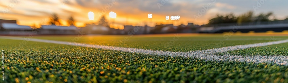 Poster close-up of artificial turf with a sunset backdrop at a sports field.
