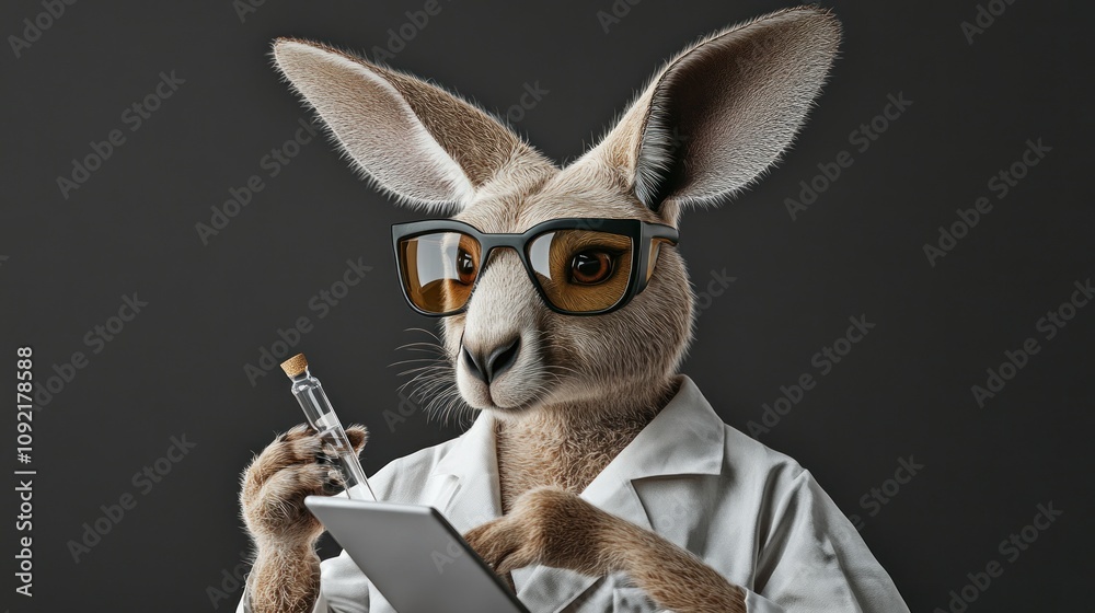 Poster a kangaroo in a lab coat and glasses, conducting an experiment with a vial and tablet.