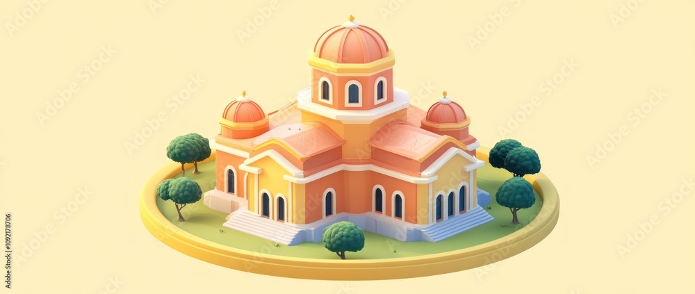 Aufkleber a stylized building with domes, surrounded by trees on a circular base.