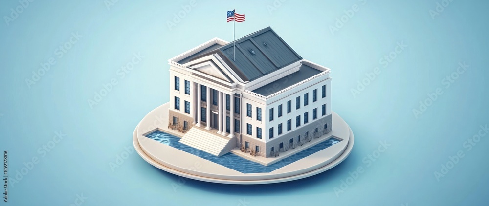 Poster a stylized building with a flag, representing government or institutional architecture.
