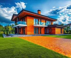 Orange brick driveway at a luxurious two-story house, wood paneling, summer day.