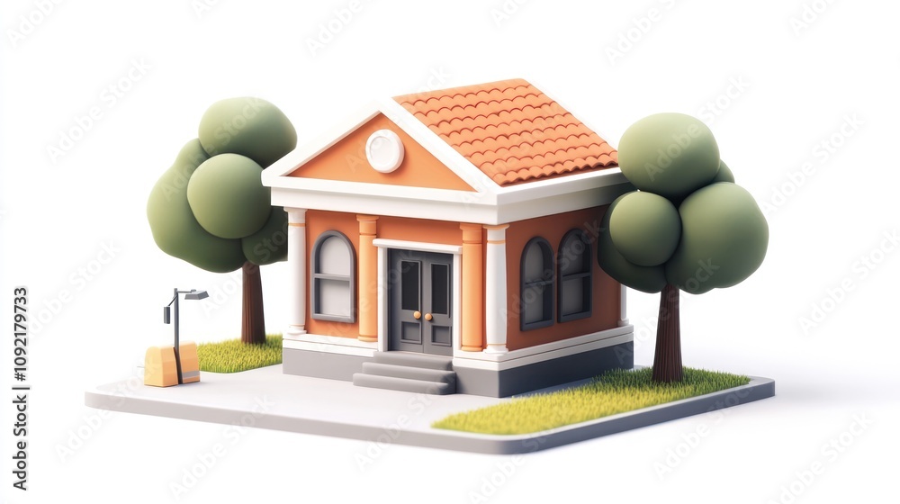 Poster a stylized building with a tiled roof, surrounded by trees and a sidewalk.