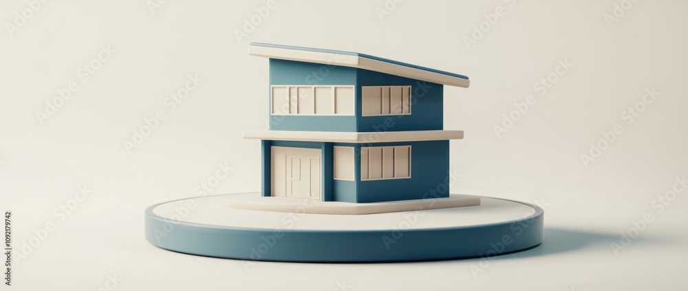 Poster A minimalist 3D model of a modern house on a circular base.