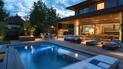 Fototapeta premium Pool deck decor with natural wood elements, modern lighting, and chic furniture