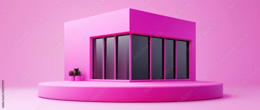 Poster a modern pink building with large windows and potted plants on a circular platform.
