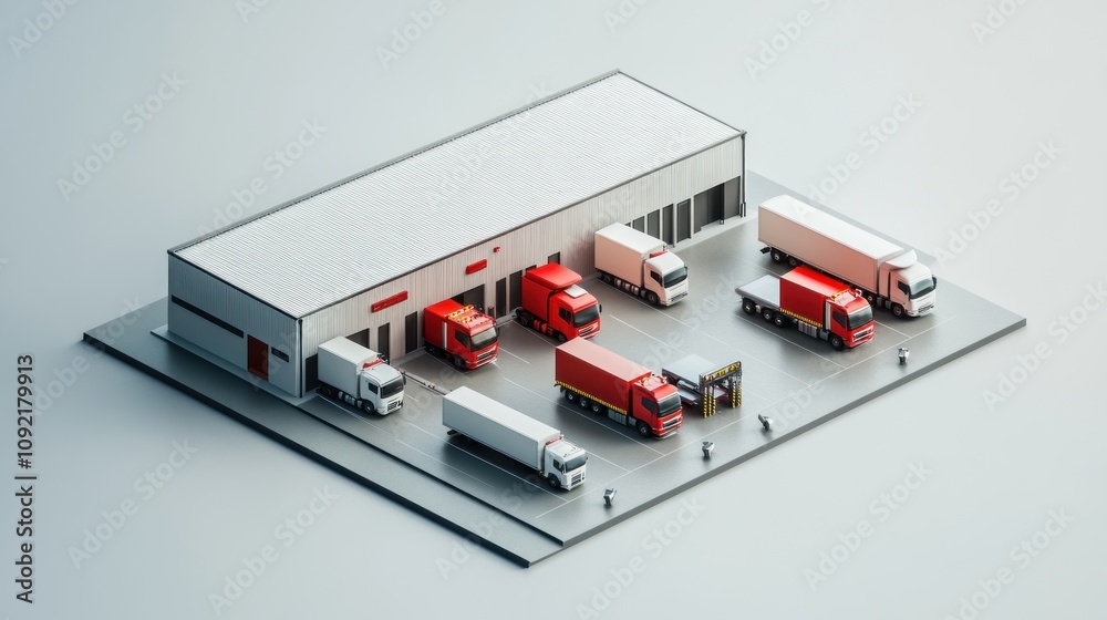 Poster a miniature warehouse scene with delivery trucks and loading area.
