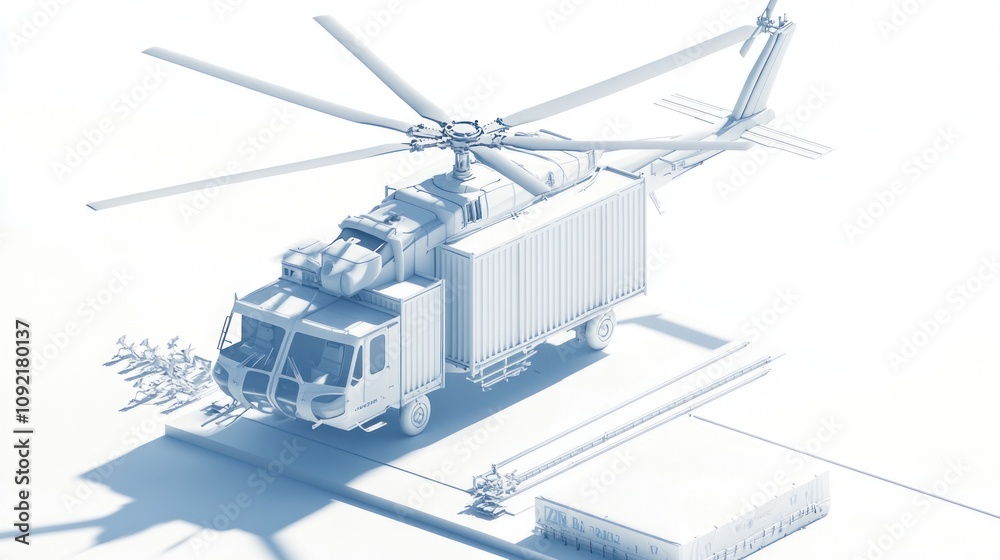 Poster A detailed model of a helicopter with a transport container and loading equipment.