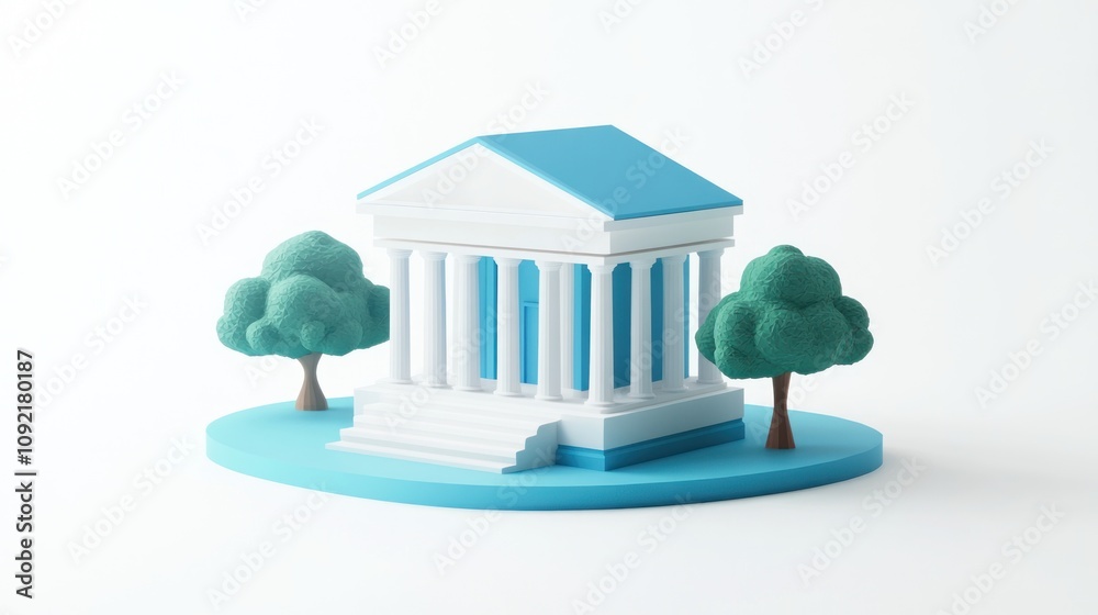 Poster A stylized miniature building with columns and trees, representing a public structure.