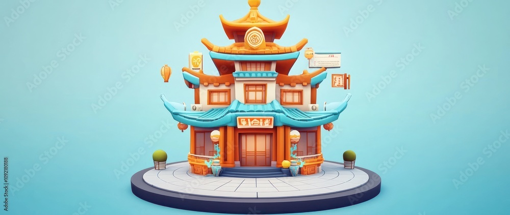 Aufkleber a colorful, stylized building with traditional architecture elements and decorative features.