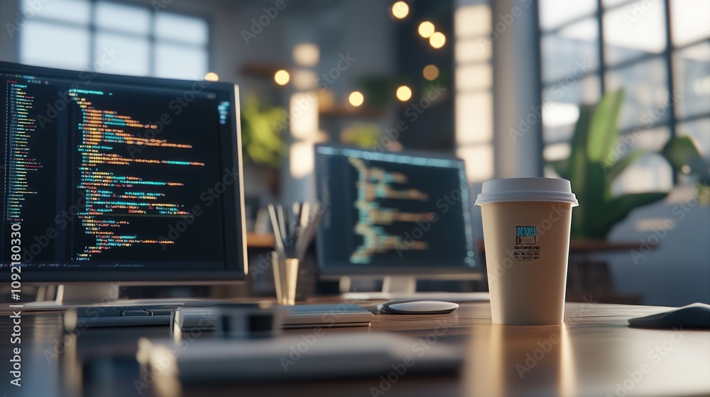 Poster A modern workspace featuring computer screens with code and a coffee cup.