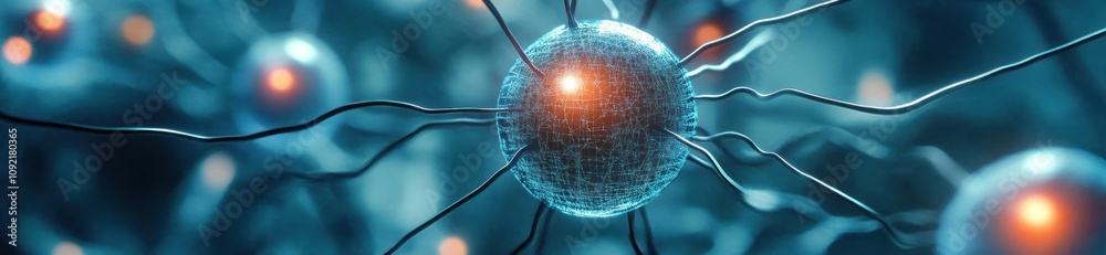Poster A close-up view of a neuron with glowing connections, illustrating neural activity.