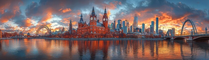 Obraz premium Captivating sunset city skyline view iconic landmarks urban environment panoramic perspective