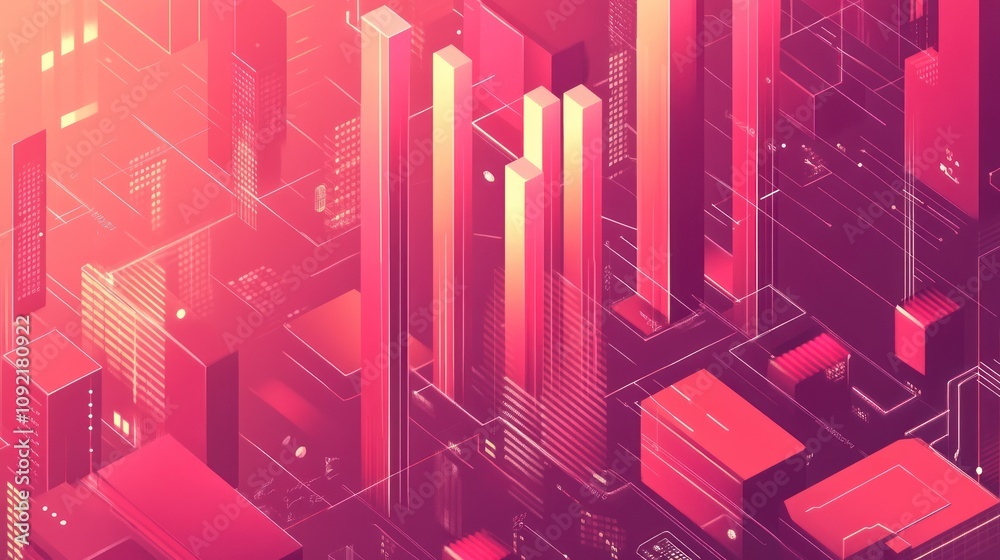Aufkleber abstract digital cityscape with glowing skyscrapers and geometric patterns.