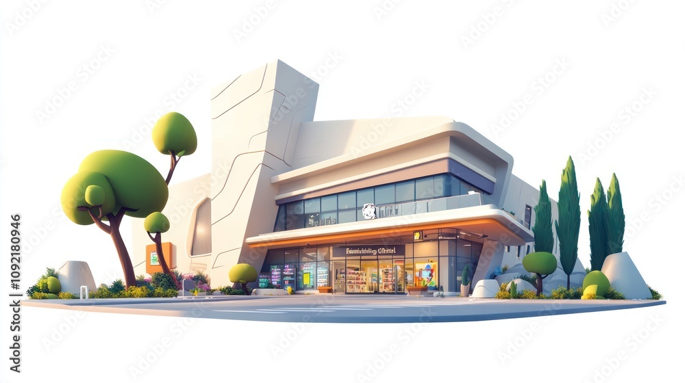 Poster a modern building with a stylish design, featuring large windows and landscaped surroundings.