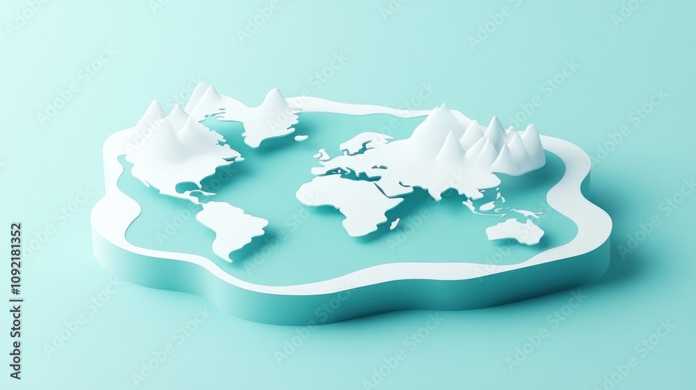 Poster 3D representation of a world map with mountains on a turquoise background.