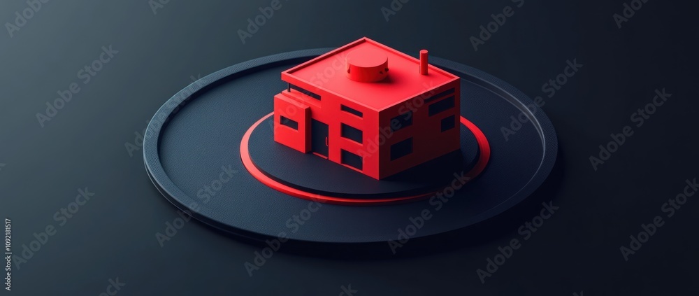 Aufkleber a stylized red building on a circular base against a dark background.