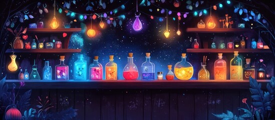 Fototapeta premium Magical potion bottles on a shelf with fairy lights in a magical forest.