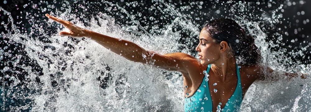 Poster A dynamic pose of a swimmer splashing through water, showcasing movement and energy.