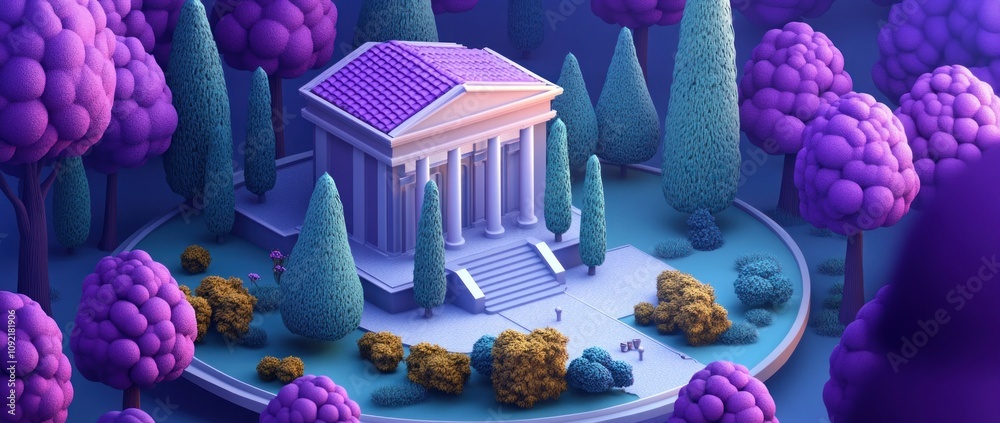 Aufkleber a whimsical, stylized temple surrounded by colorful trees and shrubs in a serene setting.