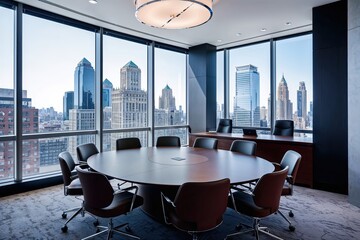 Modern Conference Room with Oval Table Contemporary Chairs and Executive Desk with Urban Skyline View