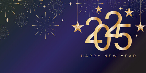 New year banner with 3d text gold 2025 hanging and gold fireworks decorations on blue background. for the 2025 New Year celebration